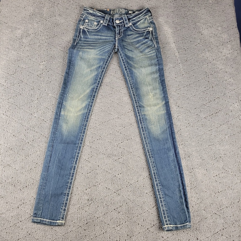 Miss Me Jeans Womens 24 Blue Skinny Low Rise Distressed Whisker Rhinestone Denim
